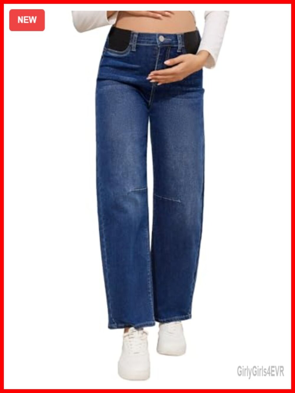 Maternity Barrel Jeans Mid-Rise Wide Leg Stretch Denim Pants Adjustable Band